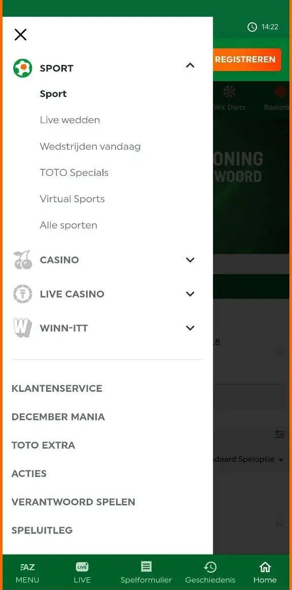 app toto schermafbeeldingen menupagina